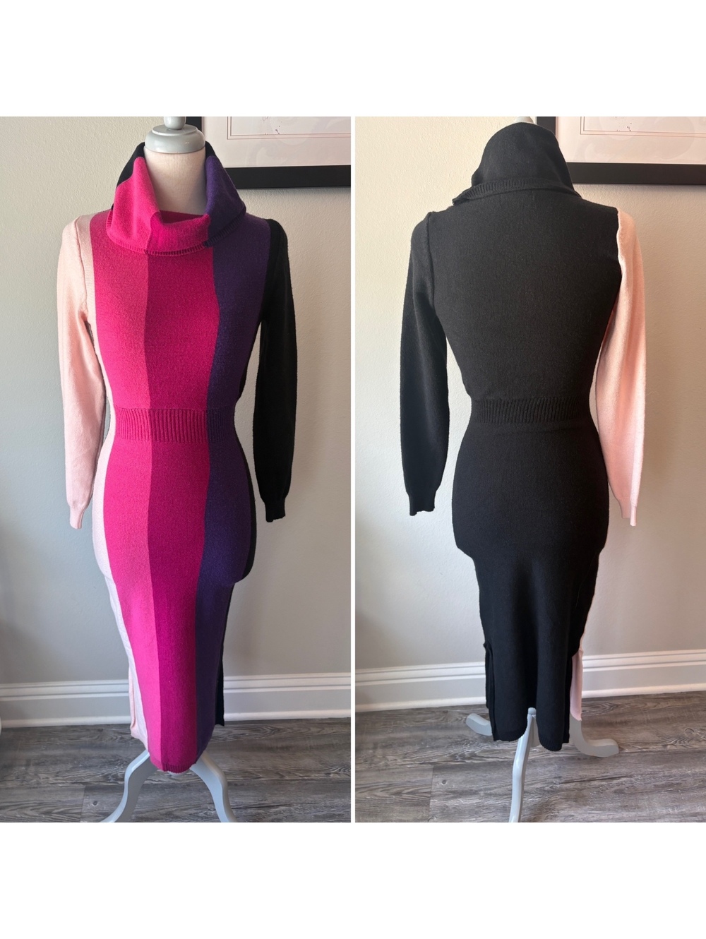 Vogue Vibes Color Block Knit Sweater Maxi Dress Size Small Pink Purple Black